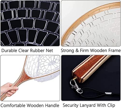 Fly Fishing Landing Net with Wooden Handle and Rubber Mesh - Catch and Release Trout Net