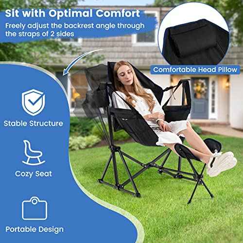 COSTWAY Folding Camping Chair, Portable Beach Chair with Retractable Footrest, Adjustable Back, Cup Holder & Carry Bag, Outdoor Lawn Patio Chair for Camping, Fishing, Hiking (Black, 1 Pack)