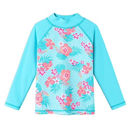 Girls Two Piece Swimsuit with Long Sleeve Rash Guard 5-6 Years Cyan Flower