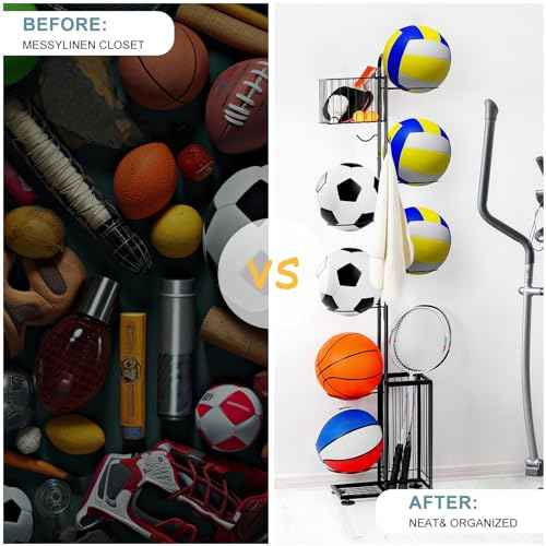 melos 7 Tier Basketball Ball Storage Rack, Freestanding Basketball Holder Garage Ball Storage Sport Organizer Rack with Basket for Volleyball Football Basketball, Indoor/Outdoor