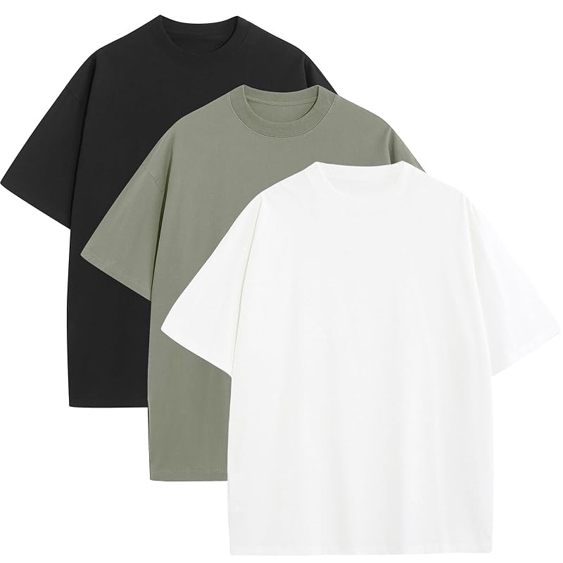 Men's Oversized Cotton Crew Neck T-Shirt - Short Sleeve Basic Tee, Black/Light Green/White, XL