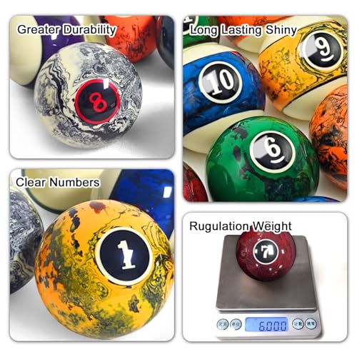 Marble Swirl Pool Balls Set - 16 Piece Regulation Billiard Balls for Pool Table