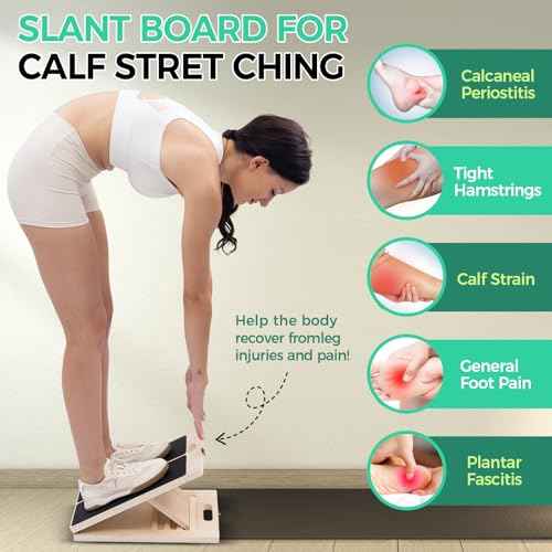 Slant Board for Calf Stretching, 5 Angle Portable Adjustable Calf Wooden Stretch Board with Training Poster, 300lb Weight Capacity for Ankle Heel Feet Leg Knees Physical Therapy Equipment
