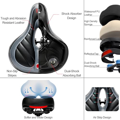 Comfort Bike Saddle Seat with Dual Shock Absorbing Ball and Memory Foam - Wide Waterproof Replacement, Black+Gray Grid