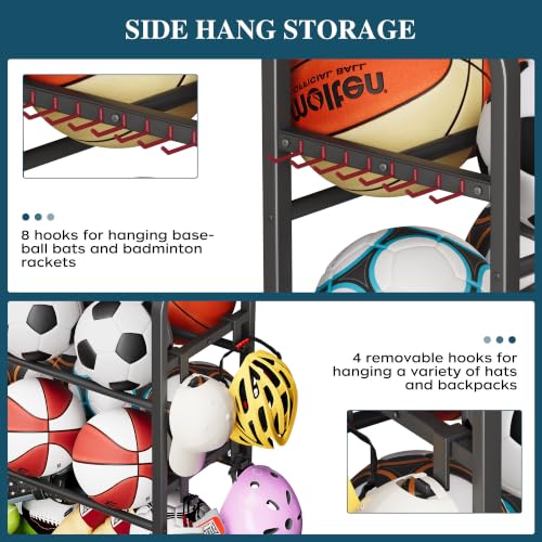 Homeiju Sports Equipment Organizer with 4-Tier Ball Storage & Hooks