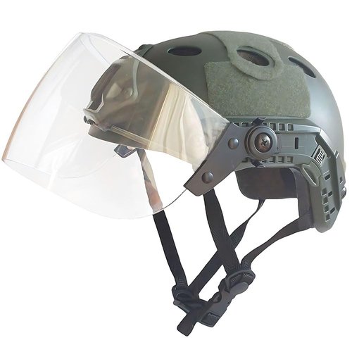 Tactical Airsoft PJ Type Fast Helmet with Face Shield Visor and Lower Guard Mesh Half Face Mask with Ear Cover (OD Green)