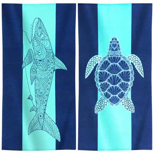 Genovega 2 Packs Oversized Beach Towel Set 36 x 72 in Large Big Pool Camping Swim Clearance Soft Towels Travel Essentials Accessories Must Haves Vacation Necessities Adult Gifts Shark Turtle