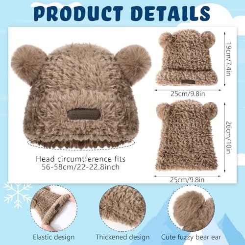 2 Pcs Cute Fuzzy Bear Ear Beanie for Women Winter Plush Warm Woolen Hat Faux Fur Animal Knitted Cap