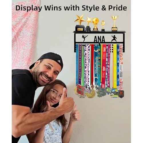 Personalized Medal Hanger Display with Trophy Shelf, Custom Medal Holder with Name and Sports, Baseball, Dance, Football, Gymnastics, Karate, Running, Soccer