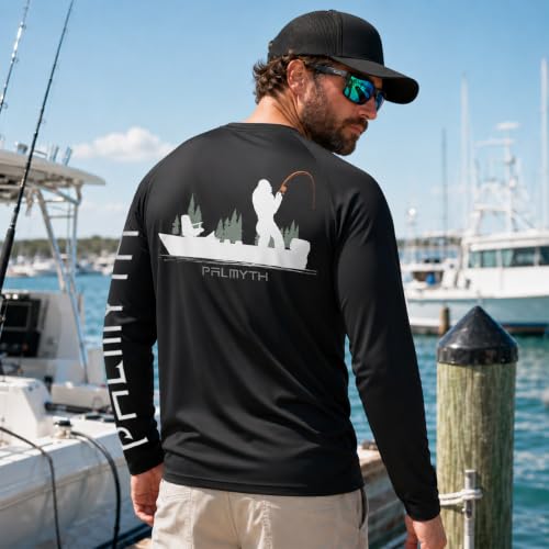 Palmyth Men's Long Sleeve Sun Protection Fishing Shirt UPF 50+ Rash Guard Black Bigfoot Boat XL