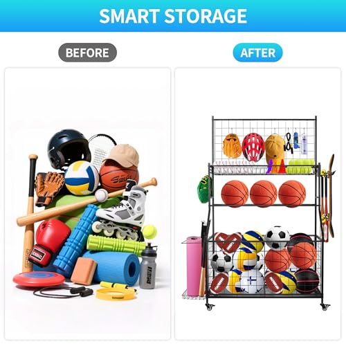 Black Sports Equipment Organizer with Ball Rack & Hooks - Garage Storage Cart