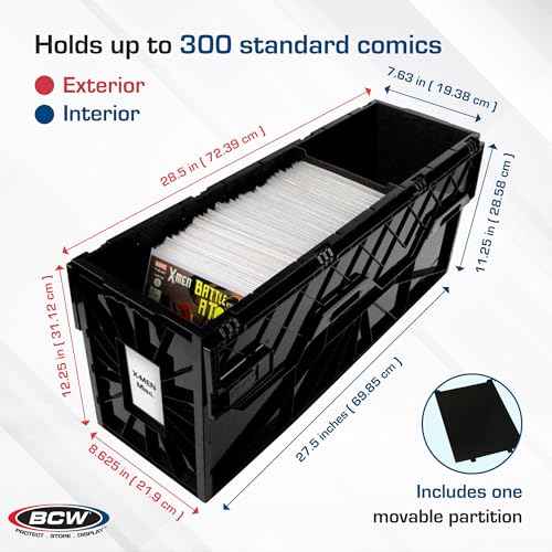 BCW Long Comic Book Bin - 1 Pack | Heavy Duty Comic Book Storage Box | Stackable Comic Bin Organizer for 300 Comics Each | Acid-Free Plastic Comic Book Box with Divider & Label Slot
