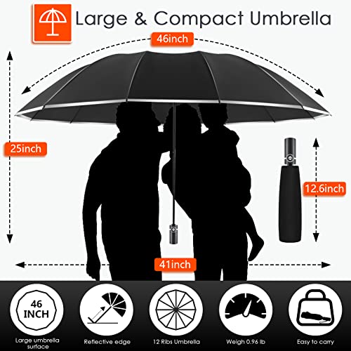 Large Windproof Inverted Umbrella with Reflective Stripe - Travel Folding Rain Sun Cover for Women Men - 46 Inch Black