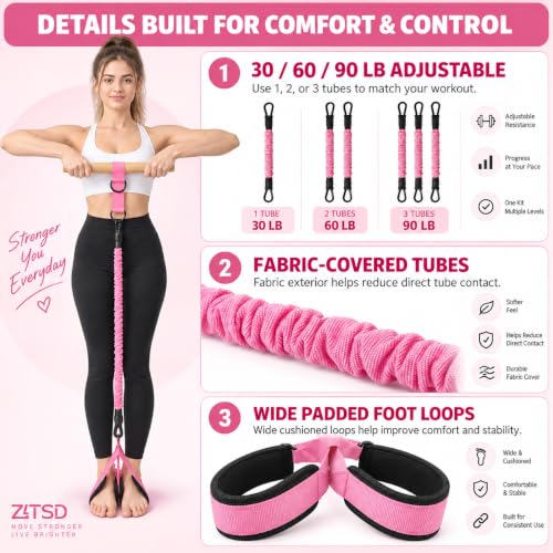 Pink Resistance Band Pedal Set with Wood Handle & Wide Foot Pedals - 3 x 30 lb Tubes