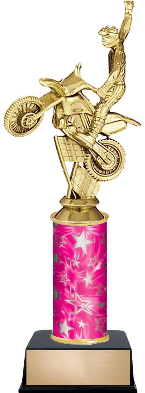 12" Cycle Motorcross Bikes Trophies - Custom Engraved Cycling Pink and Silver Star Column Trophy Awards