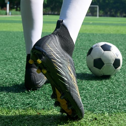 Soccer Cleats for Men and Women High Tops Lace Up Football Shoes - 9.5 Women / 8 Men Black FG