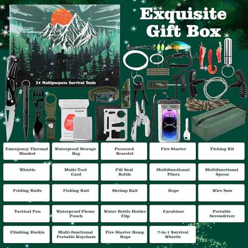 Survival Kit Advent Calendar for Men 2025-24 Days Survival Tools Advent Calendar for Adult Teen Boy, Christmas Countdown Survival Gear Gift for Outdoor Camping, Fishing, Hunting, Hiking Adventures