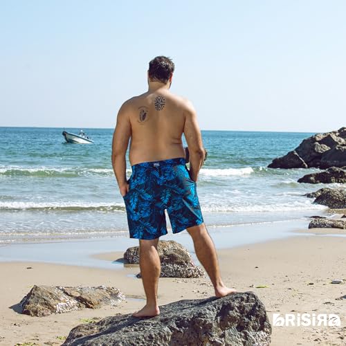 Big and Tall Men's Swim Trunks with Compression Liner - Black Blue Tropical, 42