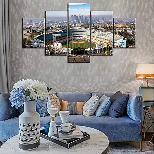 TUMOVO 5 Piece Los Angeles California Panoramic Skyline Cityscape Aerial Over Dodger Stadium Print On Canvas Wall Artwork Modern Photography Home Decor Stretched and Framed Ready to Hang - 60''Wx32''H