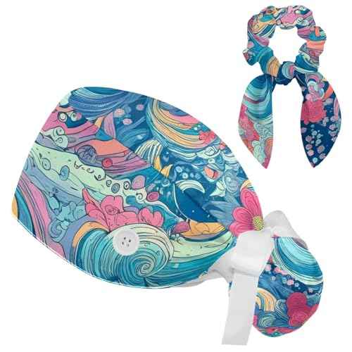 Scrub Caps Women, Surgical Caps with Ponytail Pouch and Buttons, Nurse Bouffant Adjustable, with Bow Hair Scrunchy, Wave and Floral Vintage Japanese Abstract Art Blue