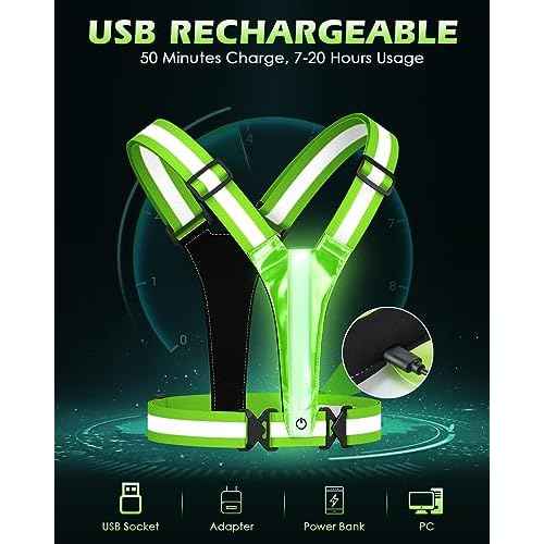 Zacro LED Reflective Vest Running Gear, 5 Lights Colors High Visibility Reflective Running Gear Rechargeable Light Up Running Vest for Walking Running Cycling, Adjustable for Men Women Kids