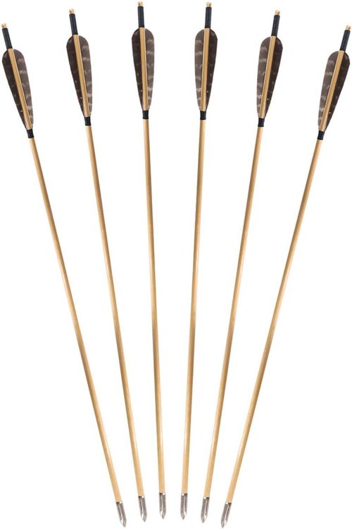 Xuxun 6 or 12 Pcs Pure Handmade Archery Wooden Arrow with Pheasant Turkey Feather Fletching Practice Target Arrows with Silver Point for Traditional Recurve Bow or Longbow (6)