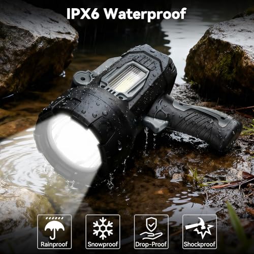 Rechargeable 200000 Lumens Waterproof LED Spotlight with 3 Lenses & Foldable Stand