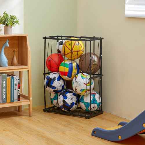 Garage Ball Storage Wall-Mounted & Floor Sports Equipment Organizer: Sports Ball Rack with Elastic Rope, Holder for Basketball, Soccer, Volleyball, Football, Garage, Gym, Black(Patent Pending)