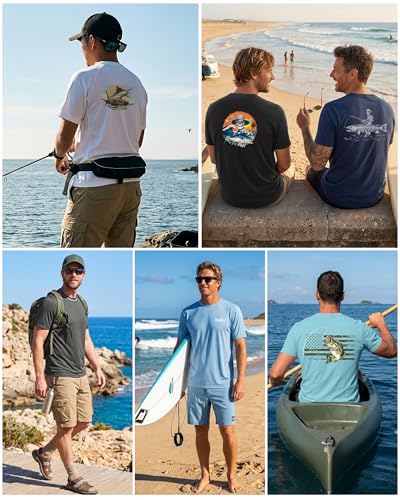 Men's Short Sleeve Fishing Shirt UPF 50+ UV Sun Protection Quick Dry Graphic Tee - Aqua Blue Camouflage Bass, Large