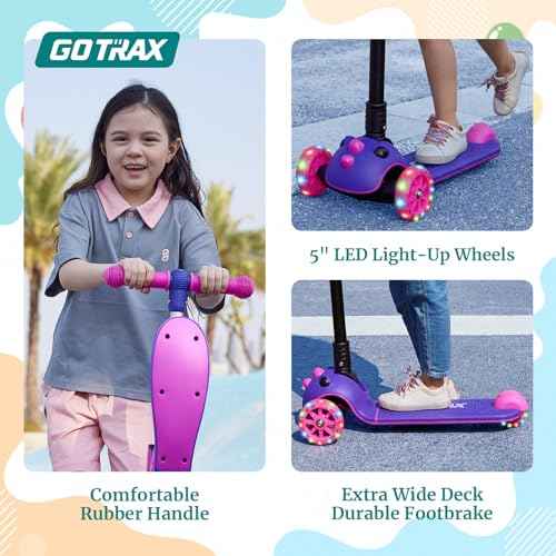 Gotrax KS3 Pro Folding Kick Scooter for Kids, One Key Removable Seat & 3 Extra Wide PU Light-Up Wheels and Anti-Slip Deck, Adjustable Height Handlebar and Lean-to-Steer Scooter for Children Aged 2-8