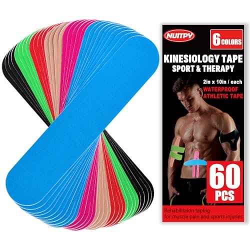 60PCS Precut Kinesiology Tape Strips, 6 Colors 2 inch x 10 inch Cotton Athletic Tape, Kinetic Tape, Elastic Muscle Tape, Sports Tape, Knee Tape for Exercise and Daily Use