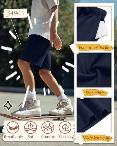 Boys' Athletic Shorts 3 Pack - Navy Blue, Size 14-16 Years, Sportswear