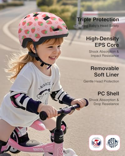 Toddler Bike Helmet Adjustable Dial Fit for Ages 2-6, Strawberry, Small