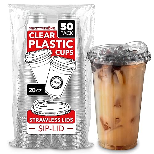 20 oz Clear Plastic Cups with Lids and Strawless Sip Lid - Disposable Togo Drinkware Set of 50
