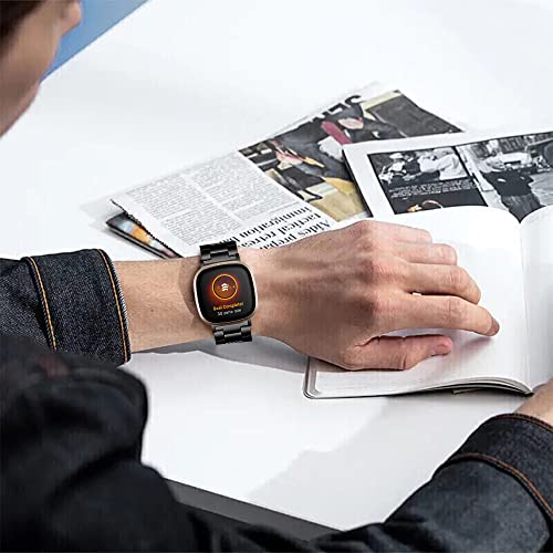 Black Stainless Steel Watch Band Compatible with Fitbit Versa 4 Sense 2 Versa 3 Sense - Adjustable Metal Wristband for Men Women