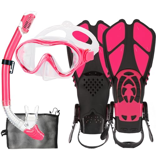 Kids Snorkel Mask Fins Set with Diving Mask, Adjustable Snorkel & Mesh Bag - Light Pink
