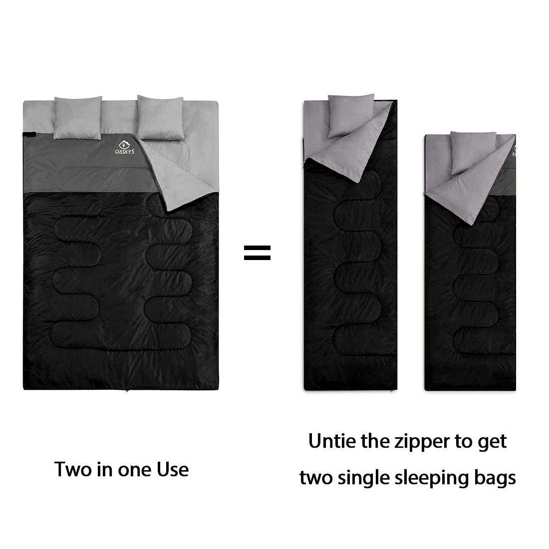 oaskys Double Sleeping Bag for Adults with 2 Pillows - Queen Size XL Waterproof Sleeping Bag for All Season Camping Hiking Backpacking 2 Person Sleeping Bags for Cold Weather & Warm