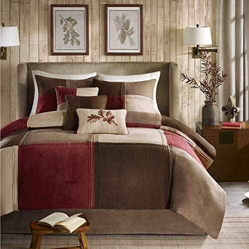 Madison Park Cozy Comforter Set Casual Blocks Design All Season, Matching Bed Skirt, Decorative Pillows, Queen(90"x90"), Red Brown, 7 Piece
