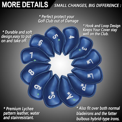 Golf Iron Head Covers Set - 1 Side Blue Synthetic Leather Protection