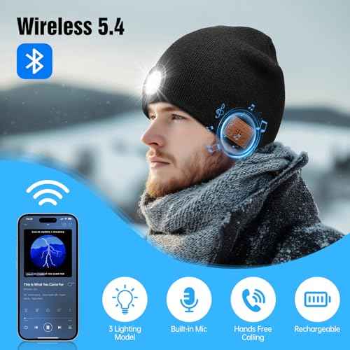 MUSIC Lighted Beanie (Bluetooth V5.4), built-in LED, Microphone and Speaker,Winter Christmas Gift for Family, Dad, Men and Father