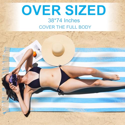 Oversized Turkish Beach Towels 74"x38" Thin Quick Dry Sand Free Pool Swim Bathing Towel Extra Large Blanket Adult Travel Essentials Cruise Accessories Must Haves Summer Blue Stripes