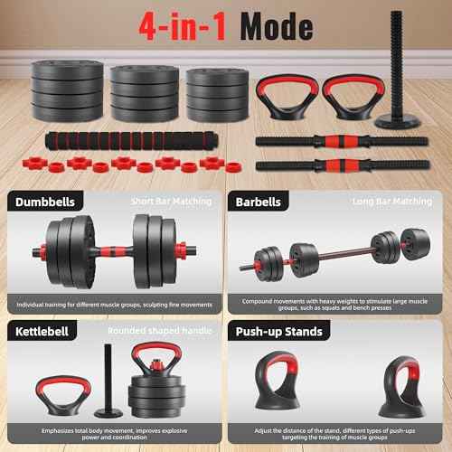 Fitvids Multi-Functional Portable Changeable Dumbbell and Barbell Kettlebell Set with Adjustable Weights, 40LBS or 60LBS Sets, 2-in-1 or 4-in1, Multiple Sizes