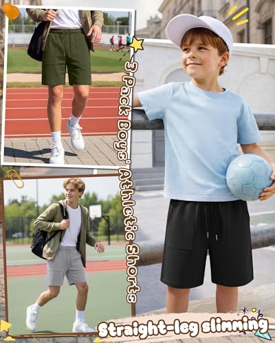 Boys' Athletic Shorts 3-Pack with Variations - Army Green, Gray, Black, 14-16 Years