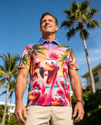 X-Large Golf Polo Shirts for Men Short Sleeve Dry Fit Performance Athletic Flamingos Hawaiian