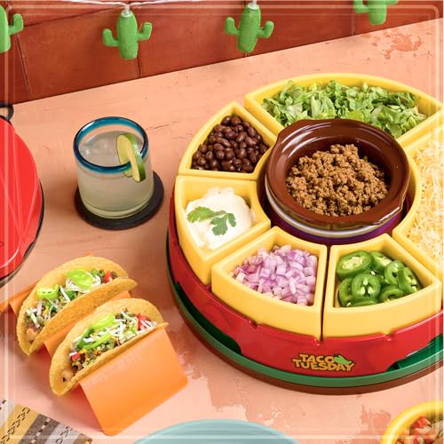 Lazy Susan Taco Bar Serving Set with 4 Tortilla Holders and Warming Pot - Red, Nostalgia Taco Tuesday