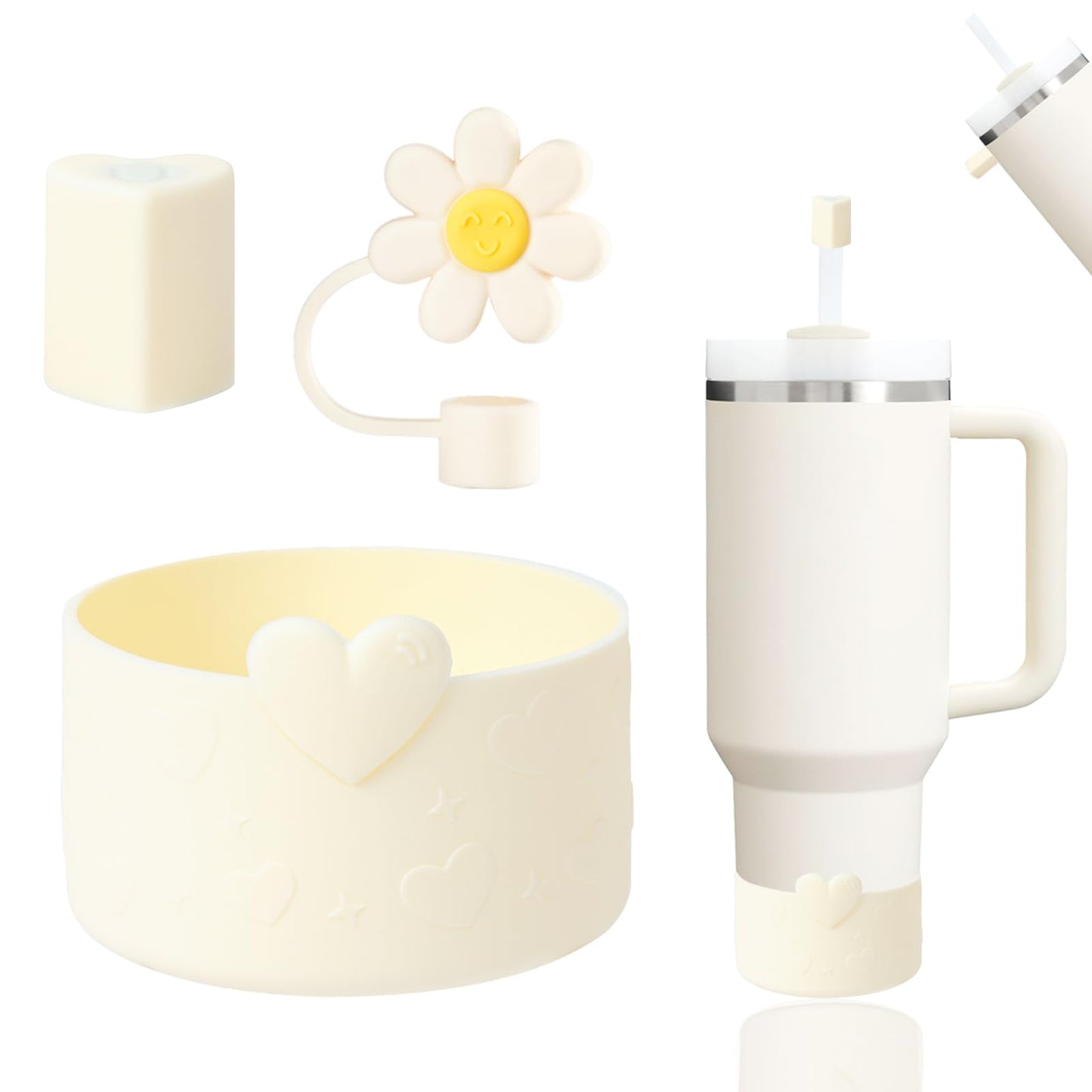 YAYAYOUNG Stanley Cup Silicone Accessories Set Including 1Pc Love Boot for StanleyCup 40oz & 30oz Tumbler,1 Pc Flower and 1 Pc Magnetic Straw Covers Cap Toppers for 0.4 in/10mm StanleyStraws(Beige)