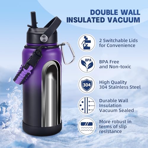 Purple Black Insulated 32 oz Stainless Steel Water Bottle with Leak Proof Lids & Paracord Handle