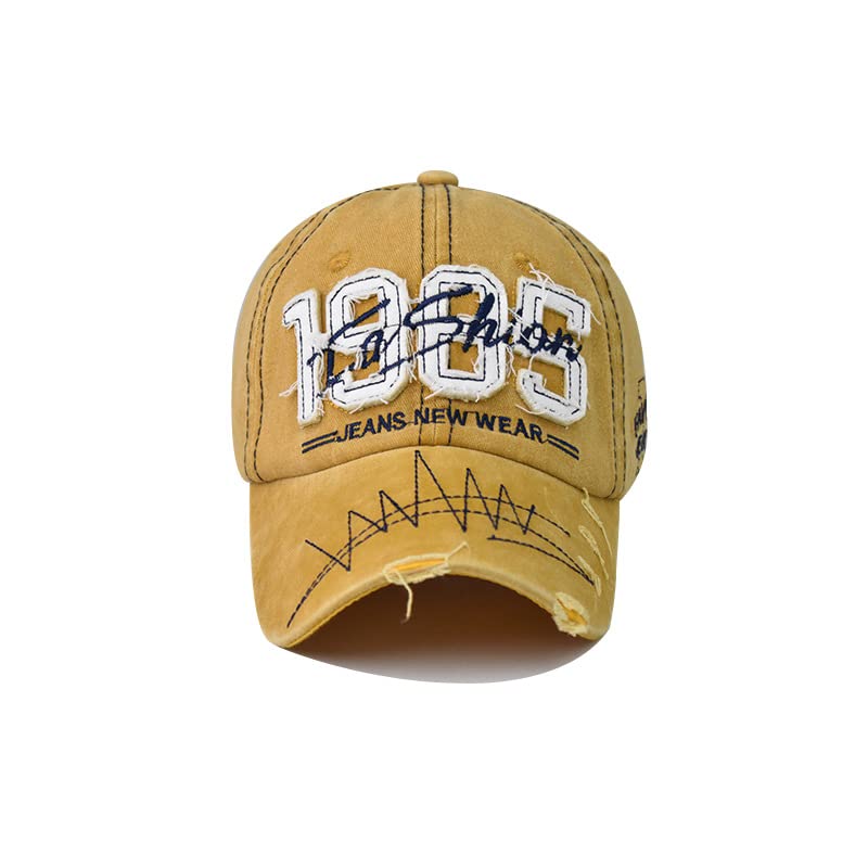 Washed Denim Baseball Cap for Men Women Adjustable Dad Trucker Hat - Yellow, 6 3/4-7 1/2