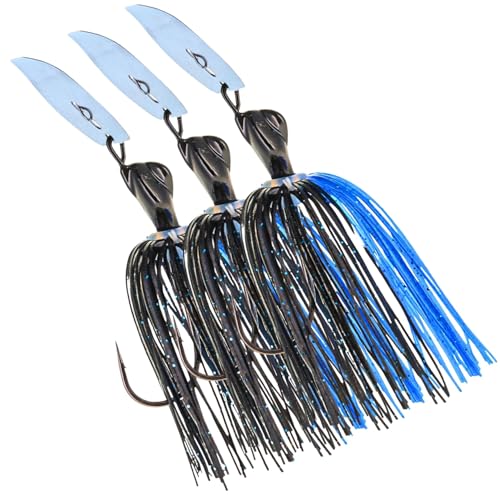 Reaction Tackle Bladed Vibrating Swim Jig Lures for Bass & Pike - 1/4 Oz, Black/Blue, 3 Pack