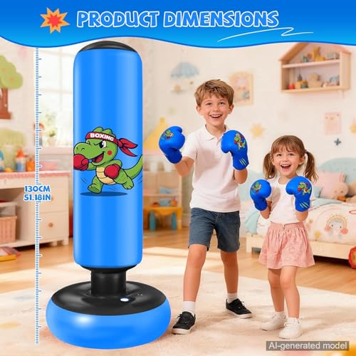 Kids Punching Bag Set with Dinosaur Design, Gloves & Pump - 48 Inches